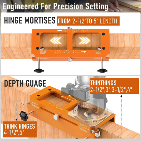Door Hinge Jig Kit For Hinge Mortising And Door Installation, Pro Grade Aluminum Template, 2.5 to 5 Inch Doors, square guide