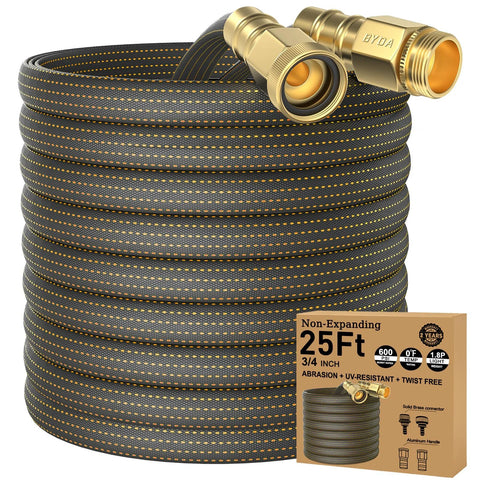 Amazon 25ft lightweight flexible garden hose with solid brass fittings; orange and black TPE hose, non-kink, leakproof.