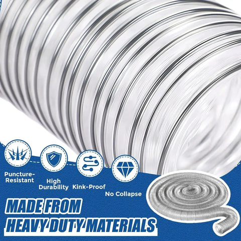 Close-up of flexible 4 inch diameter 70 foot clear dust collection hose for workshop vacuums, heavy duty puncture resistant PVC