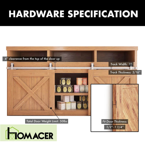 Mini Brushed Nickel Sliding Barn Door Hardware Kit For Double Doors With 60 Inch Flat Track And Bent T Shape Rollers Non Bypass Design Ideal For Cabinets TV Stands Consoles Closets And More, installed view on wooden cabinet.