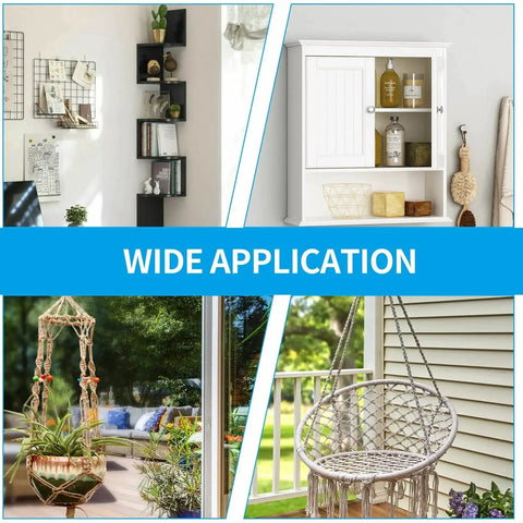 Image of varied applications of home decor and storage using wide application toggle bolts for hanging items securely.