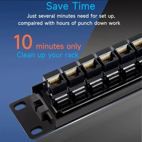 Close-up of 24 Port RJ45 Patch Panel Cat6 Pass Through Patch Panel 19 Inch Inline Keystone Ethernet Network Panel with Back Bar.