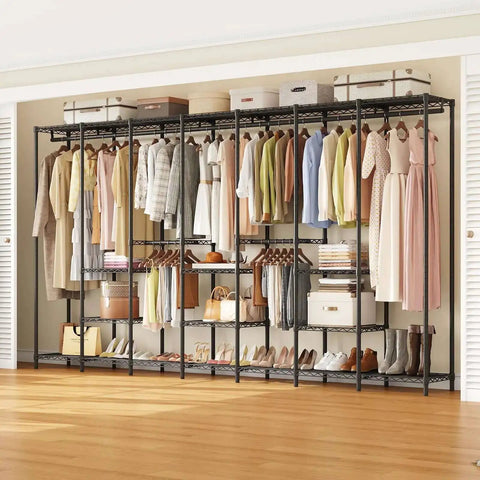 Extra Large Industrial Pipe Clothing Rack With Shelves And Hanging Rods, Portable Freestanding Closet Organizer displayed in a room