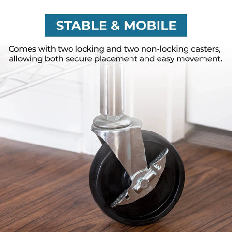 4 Inch Caster Roller Wheels Replacement Set Of Four For HCD Shelving Unit Black, close-up of locking caster installed on floor