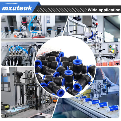 Push-to-connect air hose fittings, 110pcs, mxuteuk, black bodies with blue collars for 4–12 mm tubes