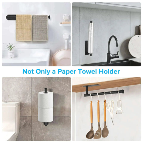 Under Cabinet Paper Towel Holder With Optional No Drill Self Adhesive Or Drill In Wall Mount Heavy Duty Stainless Steel SUS304 Fits Mega Paper Towels in various mounting positions in kitchen and bathroom settings.
