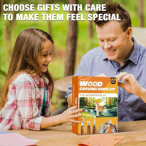 Father and daughter using 23 Piece Wood Carving Set For DIYers With 4 Large Knives 5 Detail Knives 9 Basswood Blocks Outdoors
