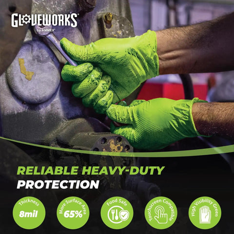 Person using Green Nitrile Mechanic Gloves 8 Mil Heavy Duty Raised Diamond Grip Latex Free while tightening a bolt on machinery.
