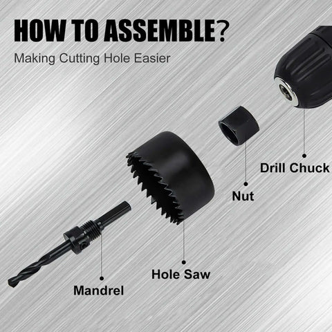 Assembly guide for Six Piece Hole Saw Kit With Case And Mandrels For Soft Wood PVC And Plywood 1-1/4 To 2-1/8 Inch 32-54mm Set KATA