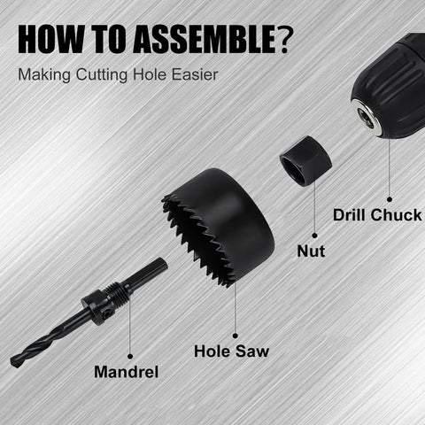 Assembly of 8 Piece Hole Saw Kit With Case 1 To Two And One Eighth Inches Includes Five Saw Blades Mandrel Two Drill Bits And Hex Key