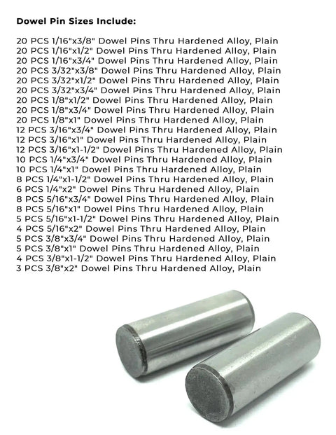 Plain Finish Hardened Alloy Dowel Pins Assortment, 293 Pieces, High Precision Metal Pins For Alignment, Machining, And Repairs, Durable Industrial Grade Tooling Supply For Hobbyists And Pros