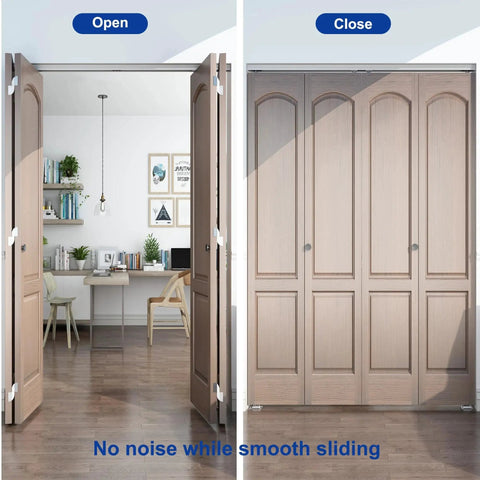 72 Inch Bifold Door Hardware Kit For 4 Doors With 18 Inch Panels, shown installed in a room, open and closed view