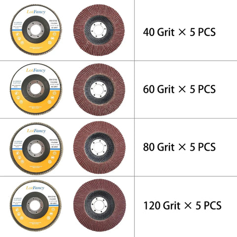 Power Through Metal With A 20 Piece Flap Discs Set For Angle Grinders For DIYers And Pros Four And A Half Inch Type 27 Aluminum Oxide Abrasive 40 60 80 120 Grits Seven Eighths Inch Arbor LotFancy showing different grits