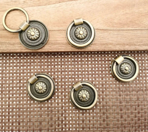 Six Piece Antique Brass Drawer Ring Pull Handles Set For Cabinets Dressers Cupboards And Doors Classic Vintage Style Round Ring Knobs