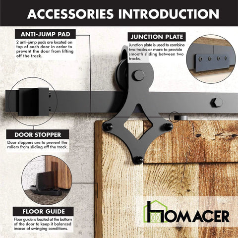 Black Rustic Non Bypass Sliding Barn Door Hardware Kit For Two Doors With A 15 Foot Flat Track Diamond Design Rollers, accessories.