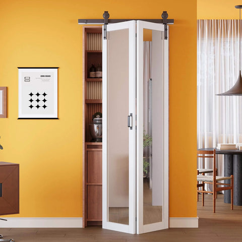 36 By 84 Inch Solid Core Bifold Barn Door Set With Full Length Mirror paintable bi fold closet doors installed, space saving design.