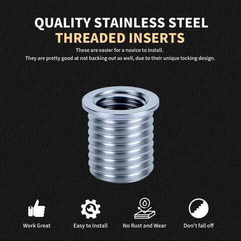 Close-up of stainless steel threaded insert from Pro Grade M10x1.5 Thread Repair Kit With 14mm Stainless Steel Inserts HSS Drill Tap Counterbore And Install Driver 10 Pieces Rebuild Stripped M10 Threads In Metal Automotive And Machinery Projects.