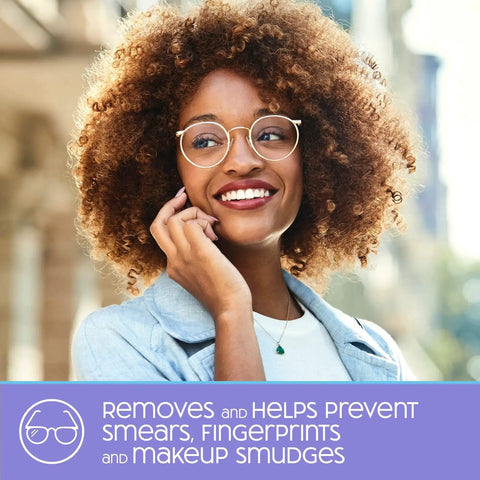 Smiling woman wearing glasses, highlighting SmudgeGuard Lens Wipes 100 Count For Glasses Cameras Non Scratching benefits.