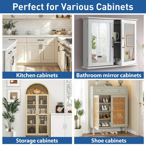 Four images showing Soft Close Cabinet Hinges 90 Degree Concealed No Drilled Easy Install With Mounting Screws 4 Pack For Kitchen Cupboards on various cabinets.