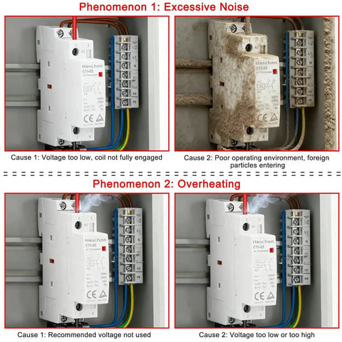 Household AC Contactor HSR1-16 16A 2 Pole 2NC with 24V DC Coil showing issues like excessive noise and overheating in electrical panels.