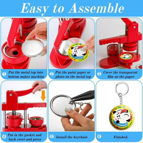 Step-by-step assembly of Epic 100 Pack Button Maker Kit For DIY Badges 2.25 Inch Metal Shells Back Covers Transparent Films Keychains