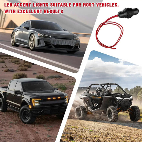 Waterproof Push Button Switch With Quick Connector for 12V LED Accent Lighting Kit, shown with cars and ATV.