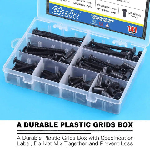 M6 Hex Socket Cap Bolts Kit With 16 To 80mm Sizes 141Pcs Black Countersunk Furniture Hardware Set in plastic box