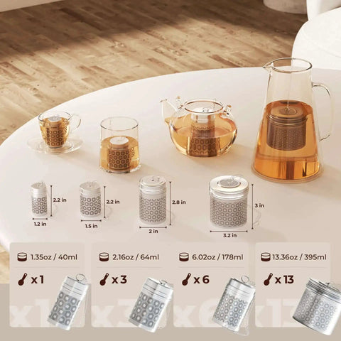 Ultra Fine Mesh Tea Infuser Strainer For Loose Leaf Tea No Fuss 304 Stainless Steel With Slim Threaded Lid displayed on table