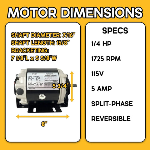 Dimensions and specs of 1/4 HP Belt Drive HVAC Fan Motor GF2024 Single Unit 115V 1725 RPM Reversible Sealed Ball Bearing