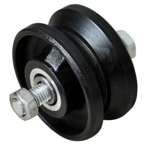 3 Inch V Groove Gate Wheel Cast Iron Steel Sliding Gate Roller With Detachable Bolt And Lock Nut Inverted V Groove Black Powder Coat Finish Includes Weldable Gate Box Fits 3 Inch And 4 Inch Gates Heavy Duty Gate Caster Wheel