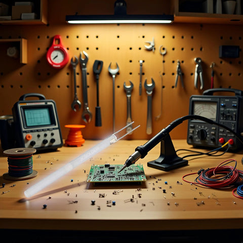 Soldering iron with stand on a wooden workbench; black handle and translucent heater tube labeled JCSOLDER beside a PCB