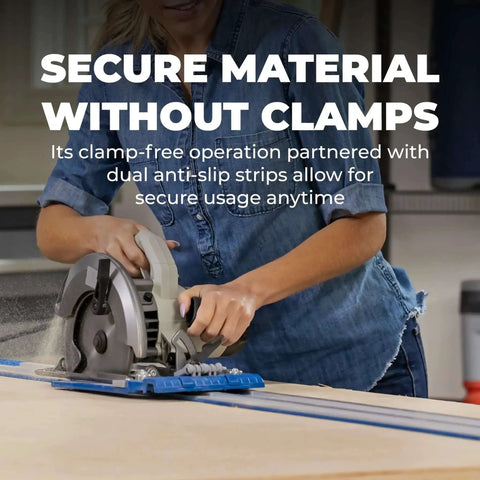 Person using Accu Cut Circular Saw Track System By Kreg for precise edge-guided cuts, demonstrating secure material handling.