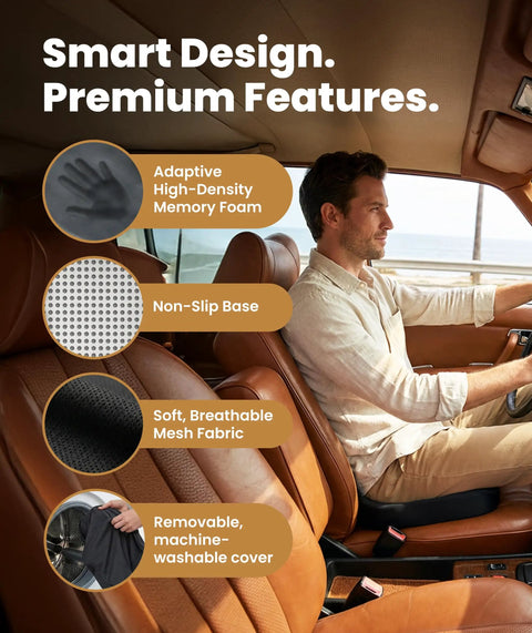 Doctor Recommended Memory Foam Seat Cushion For Office Chairs And Cars, Ergonomic Tailbone Pain Relief, Sciatica Support, Large Black Cushion For Long Hours At Work Or Travel used in a car, showcasing soft mesh fabric and non-slip base.