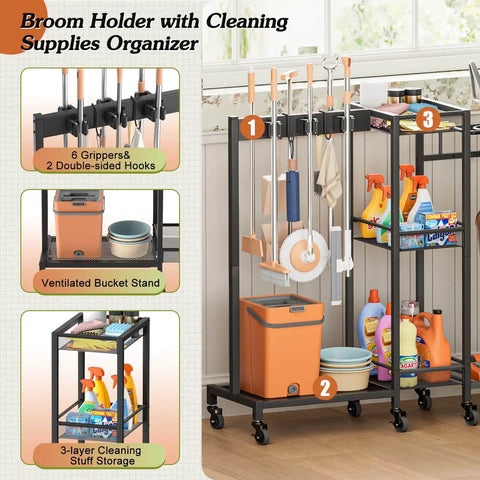 Three In One Broom Holder With Cleaning Supplies Organizer For Small Spaces Vacuum Stand And Mop Hang Broom Closet Storage Cabinet