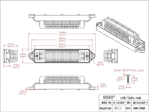 Technical drawing of 16 Amp AC DC 48 Volt 2 By 12 Position Terminal Block Distribution Module for Power Control Panels dimensions.