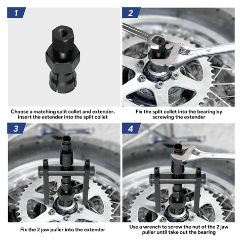 Motorcycle Bearing Puller Kit With Blind Puller And Slide Hammer Set, 12 Piece Set in use on motorcycle wheel bearing.
