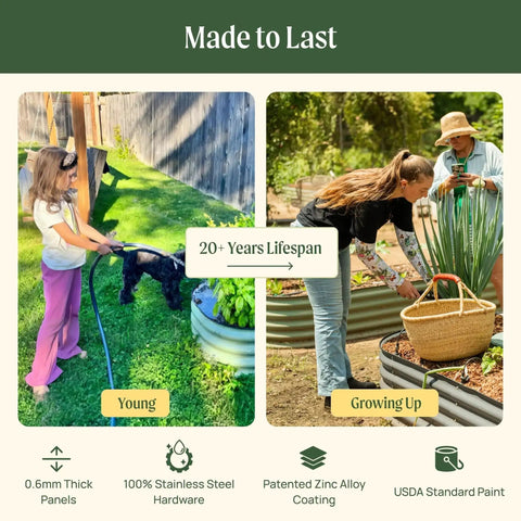 People gardening with Olive Green 17 Inch Tall Nine In One Metal Raised Garden Bed Kit; showing young and mature plants outdoors.