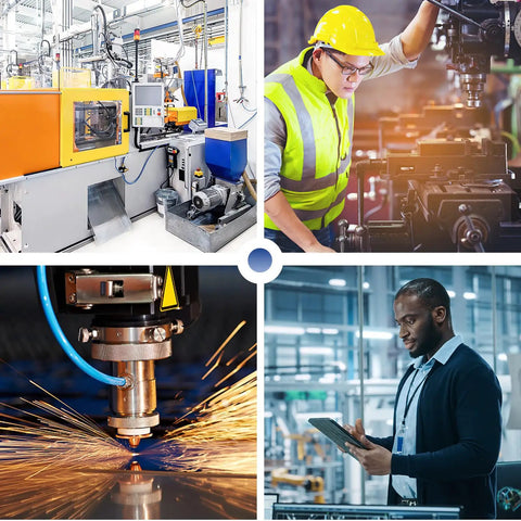 Industrial manufacturing processes including injection molding, CNC machining, laser cutting, and factory monitoring.