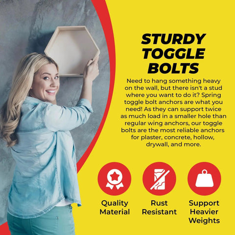 Woman holding shelf using Spring Toggle Bolt Anchors Heavy Duty Wall Anchors For Hollow Walls One Eighth Inch By Two Inches Stainless Steel Pack Of 20 For Hanging Frames Shelves Mirrors And More High Load Support In Small Holes.