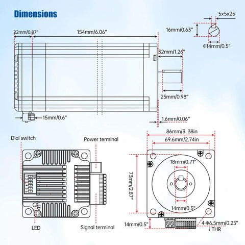 Technical drawing of All In One Nema 34 Closed Loop Stepper Motor dimensions, focusing on 14mm shaft and 86x86x176mm size.