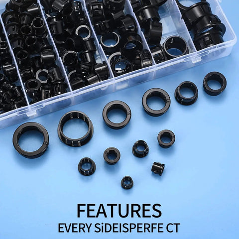 170 Pcs Black Round Nylon Cable Snap Grommets Set Durable PA66 Material Snap In Grommet Protectors Assorted Sizes From 5/16, 3/8, 1/2, 5/8, 3/4 And 1 Inch Locking Bushing Plugs For Cable Holes