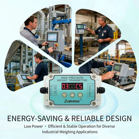 Industrial Load Cell Amplifier Transmitter With Unit Switching for Scales and Automation converts microvolt signals to four to twenty milliamps or zero to ten volt output auto calibration five volt excitation and one to ninety nine digital filtering easy, shown in a factory setting with control panels.