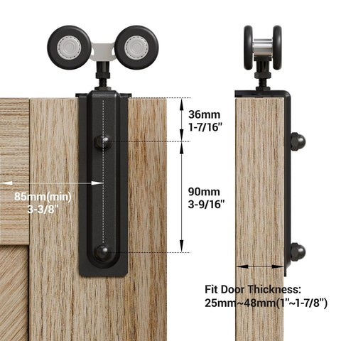 Close-up of Eight Foot Double Barn Door Hardware Kit with Sliding Box Rail Ceiling Mount and Black Aluminum Track System.