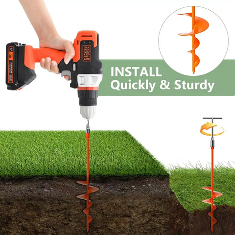18 Inch Beefy Duty Ground Anchors Screw In Kit with T Handle Hex Wrench shown with drill installation for outdoor use