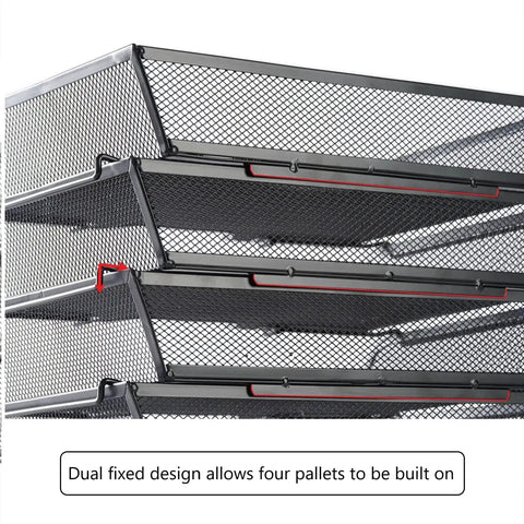 Side view of Four Tier Mesh Stackable File Trays for Desk Organization in black, showing metal construction and dual fixed design.