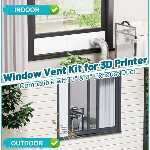 Window Vent Kit for 3 Inch and 4 Inch Ducts, Universal Vent Port installed in window, showing indoor and outdoor view.