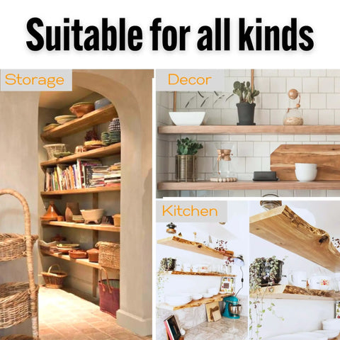 Various shelf uses: storage in pantry, decor on tiled wall, kitchen applications; supports wood and ceramic items.