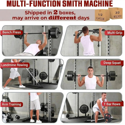 All In One Adjustable Smith Machine With Lat Pulldown System Multi Function Power Cage For Home Gym Cable Crossover Squat Rack Training Equipment With Attachments in use