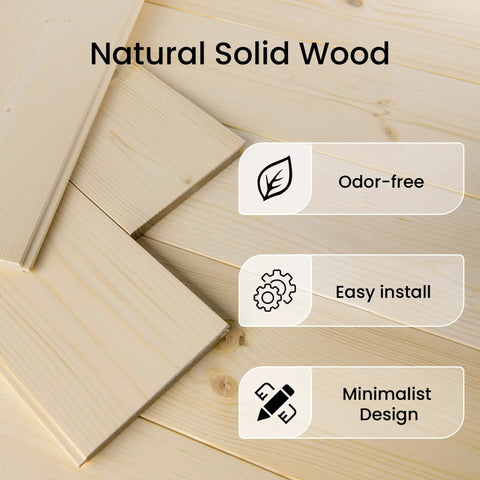 Unfinished solid spruce planks showcasing natural wood texture, labeled with features like odor-free, easy install, minimalist design.