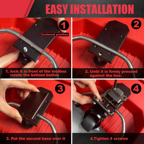 Four-step installation of Milwaukee Packout Caster Wheel Kit With Front Wheels For Packout Rolling Toolbox Heavy Duty 200 Lbs Capacity.